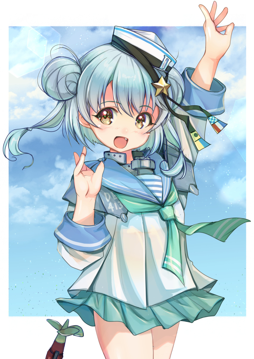 1girl absurdres aqua_neckerchief aqua_sailor_collar aqua_skirt blue_sailor_collar blue_sky clouds cloudy_sky cowboy_shot dixie_cup_hat double_bun hair_bun hat highres kantai_collection military_hat navy_cross neckerchief sailor_collar samuel_b._roberts_(kancolle) samuel_b._roberts_mk_ii_(kancolle) skirt sky sleeve_cuffs smile solo twintails whale white_background white_headwear yashin_(yasinz)