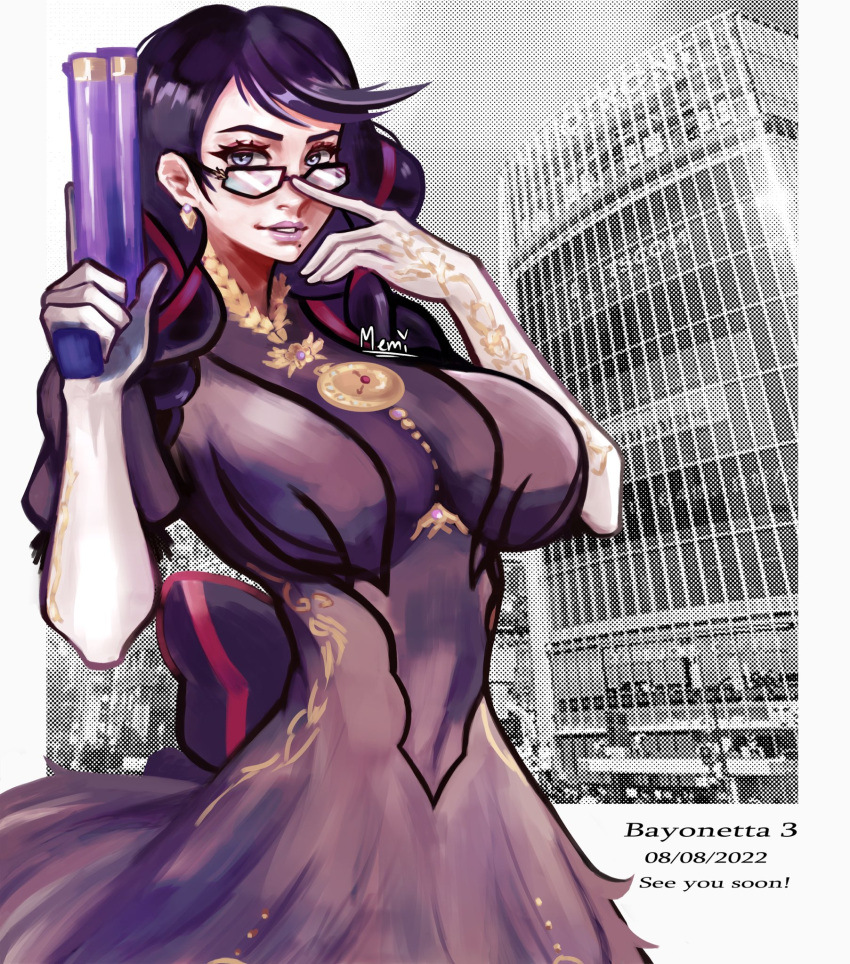 1girl artist_request bayonetta bayonetta_(series) bayonetta_3 black_hair braid clothing_cutout earrings eyeshadow glasses gloves gun highres jewelry lipstick long_hair looking_at_viewer makeup mole mole_under_mouth multicolored_hair redhead ribbon simple_background smile solo streaked_hair twin_braids weapon