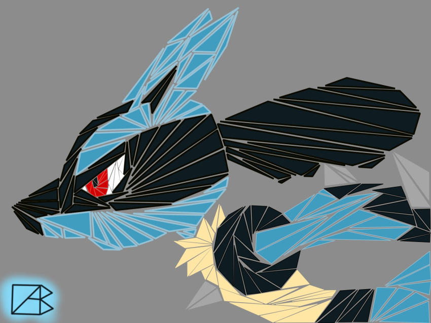 black_fur blazeing_crab blue_fur commentary english_commentary from_side grey_background highres lucario pokemon pokemon_(creature) profile red_eyes running self_upload signature simple_background solo spikes yellow_fur
