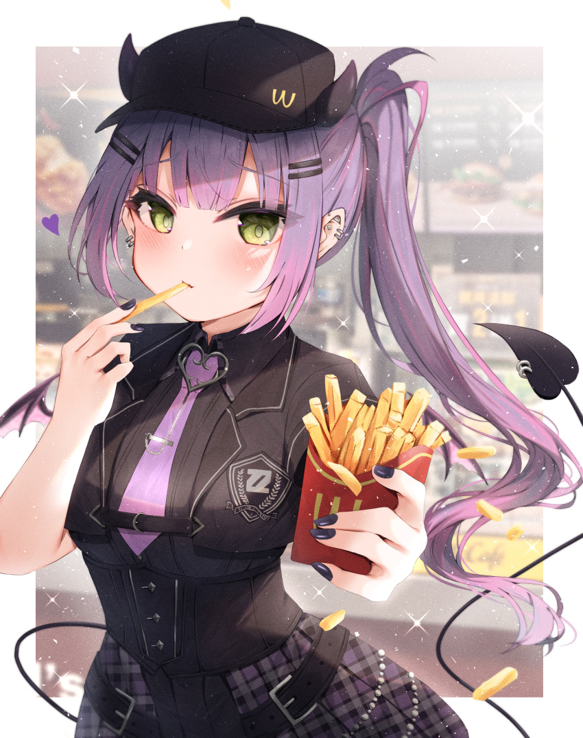 1girl absurdres bangs black_headwear black_nails black_shirt blush demon_girl demon_horns demon_tail demon_wings ear_piercing eating food food_in_mouth french_fries green_eyes hair_ornament hairclip heart highres holding holding_food hololive horns long_hair looking_at_viewer magaqq123 multicolored_hair nail_polish necktie piercing pink_hair plaid plaid_skirt purple_hair purple_necktie purple_skirt shirt side_ponytail skirt solo streaked_hair tail tail_ornament tail_piercing tail_raised tokoyami_towa virtual_youtuber wcdonalds wings