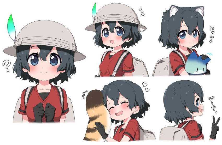 :3 ? animal_ears backpack bag black_hair blue_eyes blush cat_ears cat_girl cat_tail closed_eyes commentary_request extra_ears fang hat_feather heart helmet highres kaban_(kemono_friends) kemono_friends kemonomimi_mode lucky_beast_(kemono_friends) multiple_views no_headwear pith_helmet ransusan red_shirt shirt short_hair short_sleeves t-shirt tail translation_request v