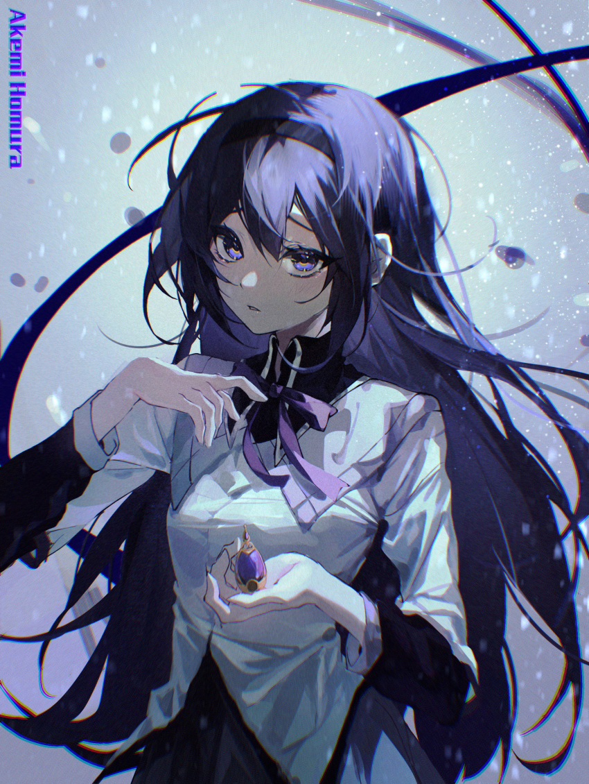 1girl absurdres akemi_homura bangs bingbinggua black_hair black_hairband black_skirt blue_background blue_eyes character_name chromatic_aberration collared_jacket film_grain gem hairband hand_up highres holding holding_gem jacket long_hair long_sleeves looking_at_viewer mahou_shoujo_madoka_magica neck_ribbon parted_lips ribbon skirt solo soul_gem standing upper_body white_jacket