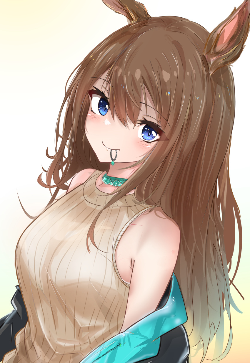 1girl absurdres airbeko amiya_(arknights) animal_ears arknights bare_shoulders black_jacket blue_collar blue_eyes blush breasts brown_hair collar dutch_angle hair_between_eyes hair_down hair_tie_in_mouth highres jacket jewelry long_hair looking_at_viewer mouth_hold neck_ring off_shoulder open_clothes open_jacket rabbit_ears rabbit_girl ribbed_shirt shirt simple_background sleeveless sleeveless_shirt small_breasts solo upper_body white_background white_shirt