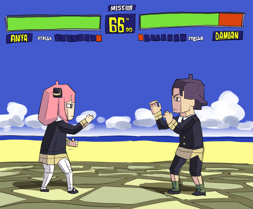 1boy 1girl absurdres anya_(spy_x_family) damian_desmond endou_tatsuya fighting_stance hair_ornament health_bar highres low_poly parody pink_hair school_uniform spy_x_family video_game virtua_fighter