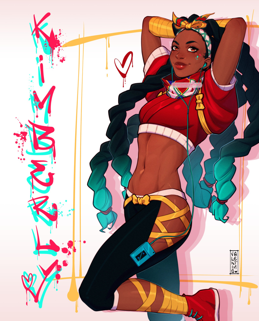 1girl abs absurdres against_wall aqua_hair arm_wrap arms_behind_head arms_up black_pants bow_hairband breasts brown_eyes brown_lips cable capri_pants character_name colored_tips dark_skin earphones earphones english_commentary facial_mark forehead graffiti groin hairband highres hip_vent kimberly_(street_fighter) leg_up leg_wrap linea_alba listening_to_music long_hair lowleg lowleg_pants midriff multicolored_hair navel nose pants quad_braids red_footwear scarf shoes small_breasts sneakers solo street_fighter street_fighter_6 toned two-tone_hair valentina_tavolilla very_dark_skin very_long_hair walkman