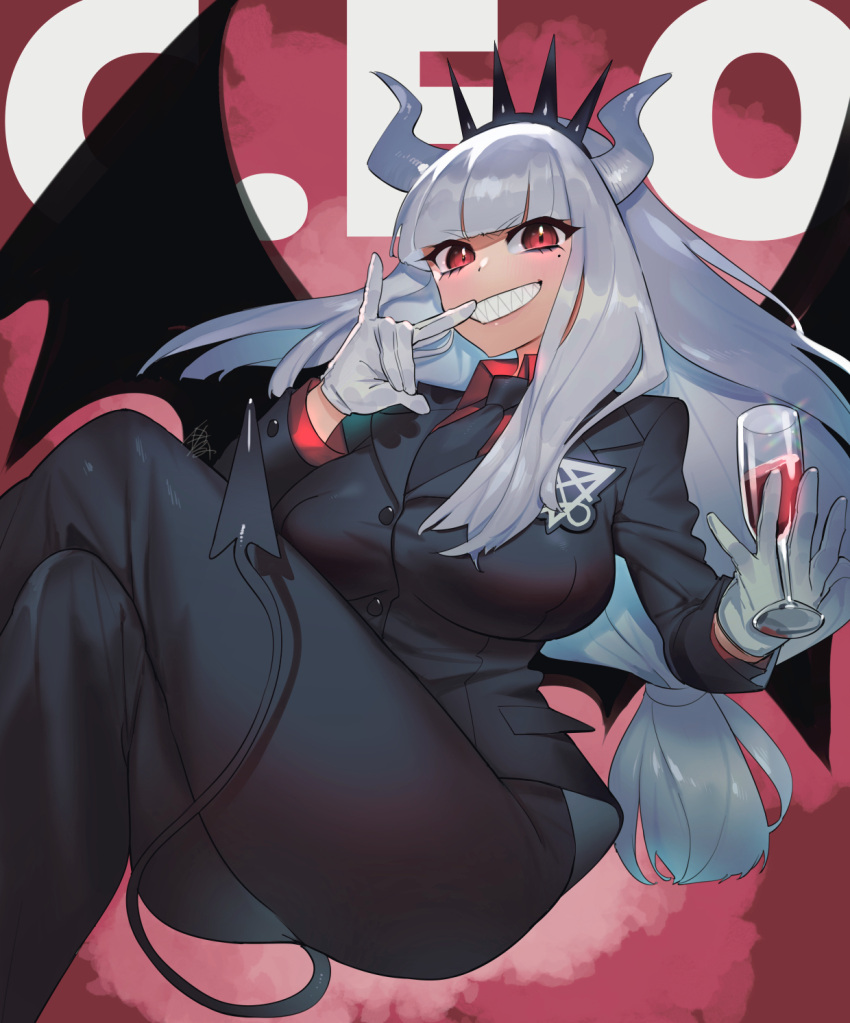 1girl black_tail breasts cup demon_girl demon_horns demon_tail drinking_glass formal gloves helltaker highres horns itami_(maemukina_do) large_breasts long_hair looking_at_viewer low-tied_long_hair lucifer_(helltaker) mole mole_under_eye necktie red_eyes red_shirt shirt solo suit tail white_hair white_horns wine_glass wings