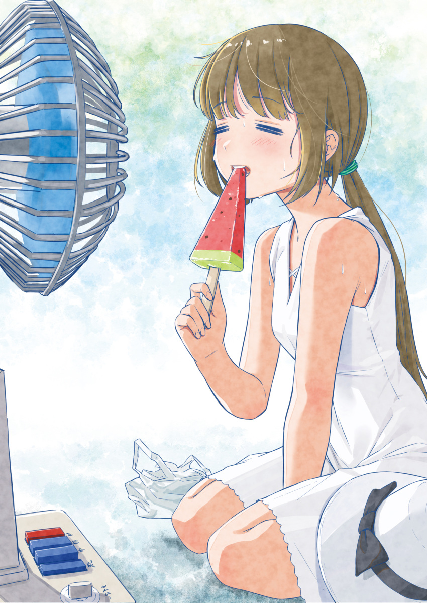 1girl absurdres bow closed_eyes commentary_request dress eating electric_fan food hat hat_bow hat_removed headwear_removed highres hot idolmaster idolmaster_cinderella_girls kaiso_(kaisooekaki) long_hair on_floor ponytail popsicle sitting solo sundress sweat watermelon_bar white_dress yorita_yoshino