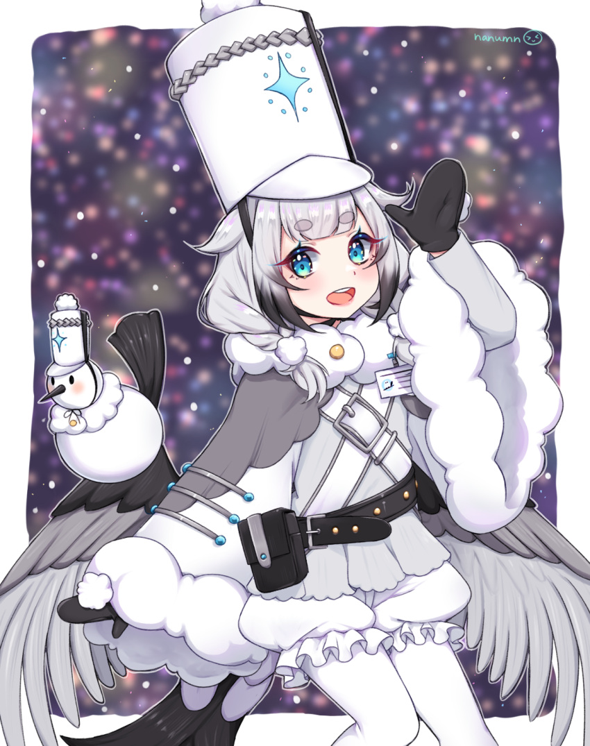 1girl alchemy_stars belt belt_pouch bird black_gloves black_hairband blue_eyes blurry blurry_background blush eyelashes feathered_wings frills fur-trimmed_sleeves fur_trim gloves grey_hair hairband hat highres id_card long_hair long_sleeves looking_at_viewer low_wings multicolored_hair nanumn open_mouth pantyhose pouch short_eyebrows signature teeth tongue tweety_(alchemy_stars) upper_teeth white_headwear white_pantyhose wide_sleeves wings winter_clothes winter_gloves