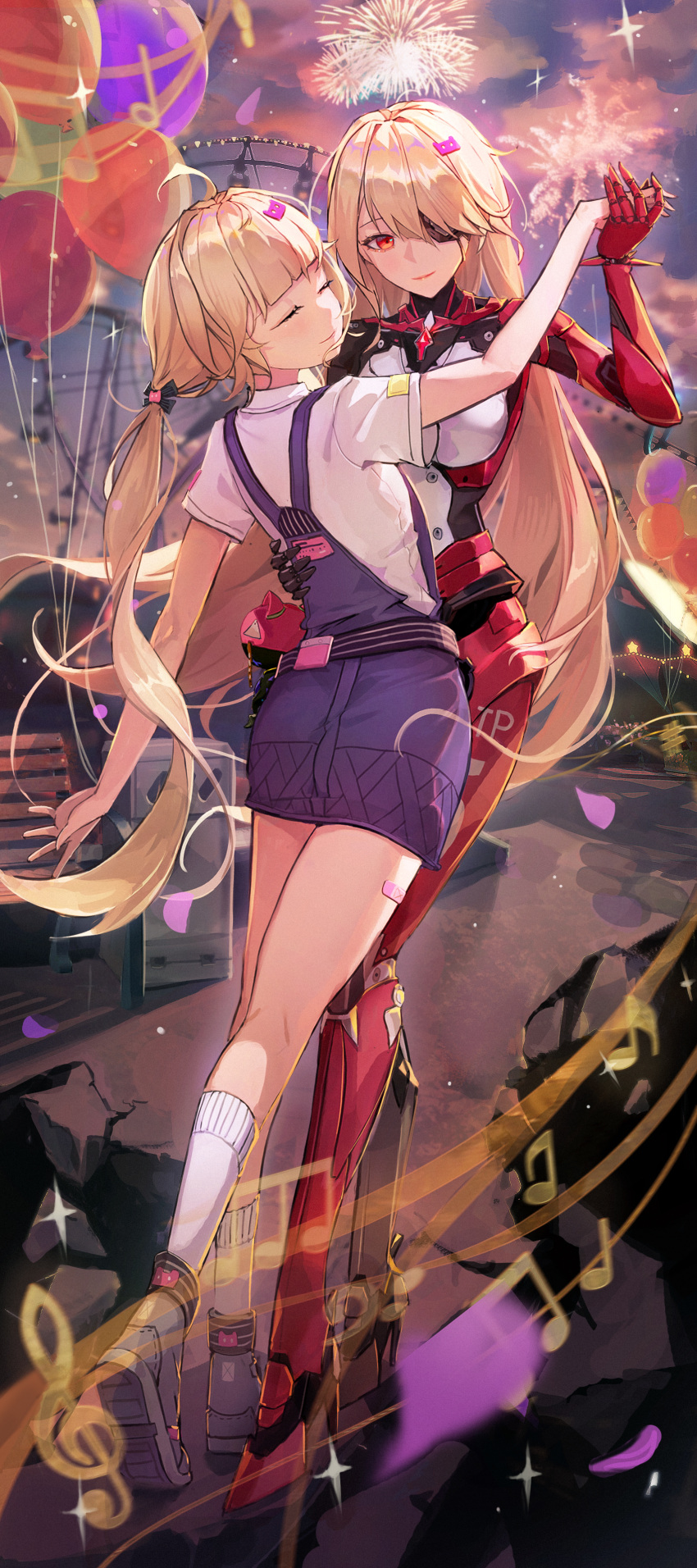2girls absurdres blonde_hair blue_sky closed_eyes closed_mouth clouds cloudy_sky dancing eyepatch facing_to_the_side fireworks full_body highres holding_hands looking_at_viewer multiple_girls nemesis_(tower_of_fantasy) overalls red_eyes shirli_(tower_of_fantasy) sky smile socks tower_of_fantasy twintails xude yuri