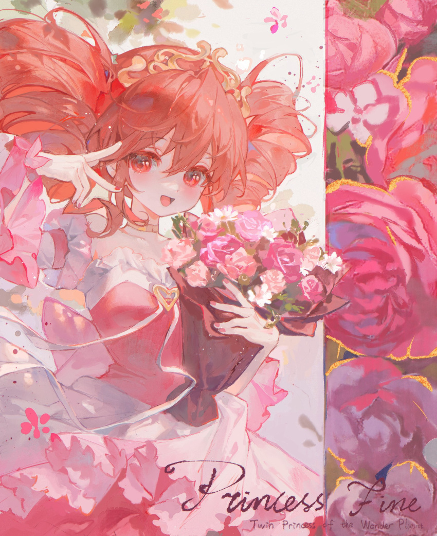 1girl :d bangs bare_shoulders bouquet bow choker collarbone curly_hair detached_sleeves dress floral_background flower fushigiboshi_no_futago_hime gloves hair_ornament hand_in_own_hair heart heart_hair_ornament highres holding holding_bouquet long_dress long_hair looking_at_viewer maccha_(mochancc) open_mouth pink_flower pink_nails plant princess red_dress redhead single_glove sleeveless sleeveless_dress smile solo standing tiara v white_background white_gloves yellow_choker