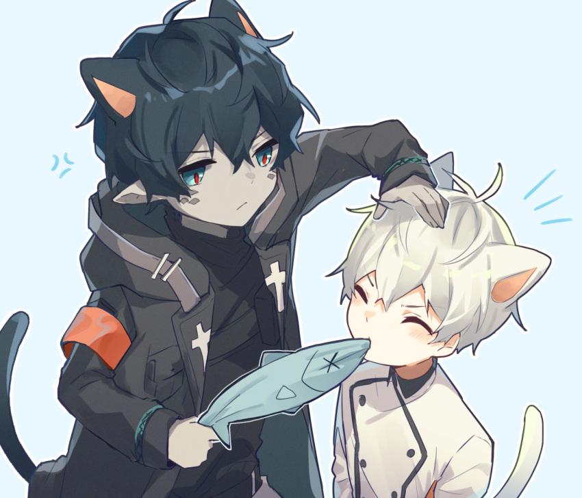 2boys ahoge anger_vein animal_ears arknights armband aruke0 bishounen black_hair black_shirt blue_background cat_boy cat_ears cat_tail closed_mouth coat faust_(arknights) fish hand_on_another's_head male_focus mephisto_(arknights) multiple_boys pointy_ears red_armband shirt short_hair simple_background tail upper_body white_hair white_shirt