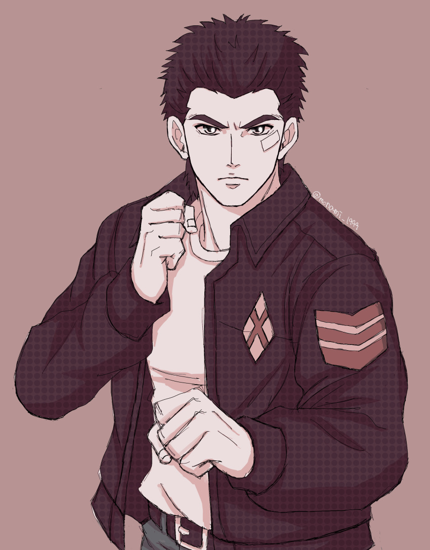 1boy absurdres bandage_on_face bandages belt belt_buckle black_hair brown_jacket buckle clenched_hands denim fighting_stance hazuki_ryou highres jacket jeans leather leather_jacket looking_at_viewer monami_1999 pants patch serious shenmue shenmue_the_animation shirt signature simple_background sketch solo spiky_hair t-shirt white_shirt