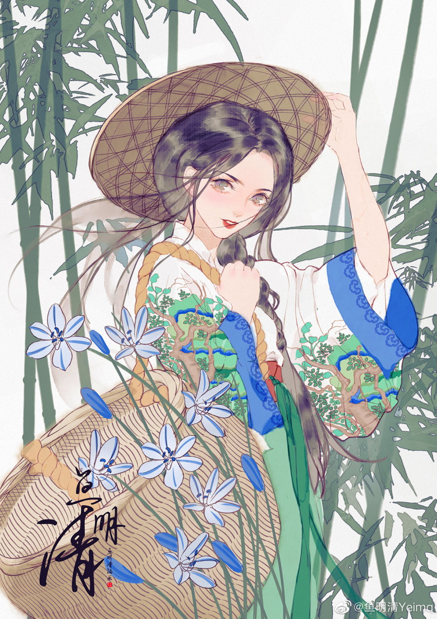 1girl bamboo basket black_hair blue_flower braid braided_ponytail chinese_clothes flower from_side hanfu hat highres holding holding_clothes holding_hat holding_strap long_sleeves looking_at_viewer original shiny shiny_hair solo straw_hat teeth upper_body white_background yu_mingqing_yeimq