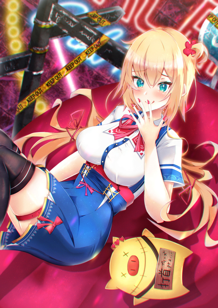 1girl akai_haato aqua_eyes belt black_thighhighs blonde_hair blue_skirt blush breasts caution_tape collar collared_shirt commentary couch haaton_(akai_haato) hair_ribbon high-waist_skirt highres hololive keep_out large_breasts licking_lips long_hair looking_at_viewer miniskirt nail_polish neck_ribbon rabbi red_nails red_ribbon ribbon shirt short_sleeves skirt smile thigh-highs thigh_belt thigh_strap tongue tongue_out twintails underbust very_long_hair virtual_youtuber white_collar white_shirt zettai_ryouiki