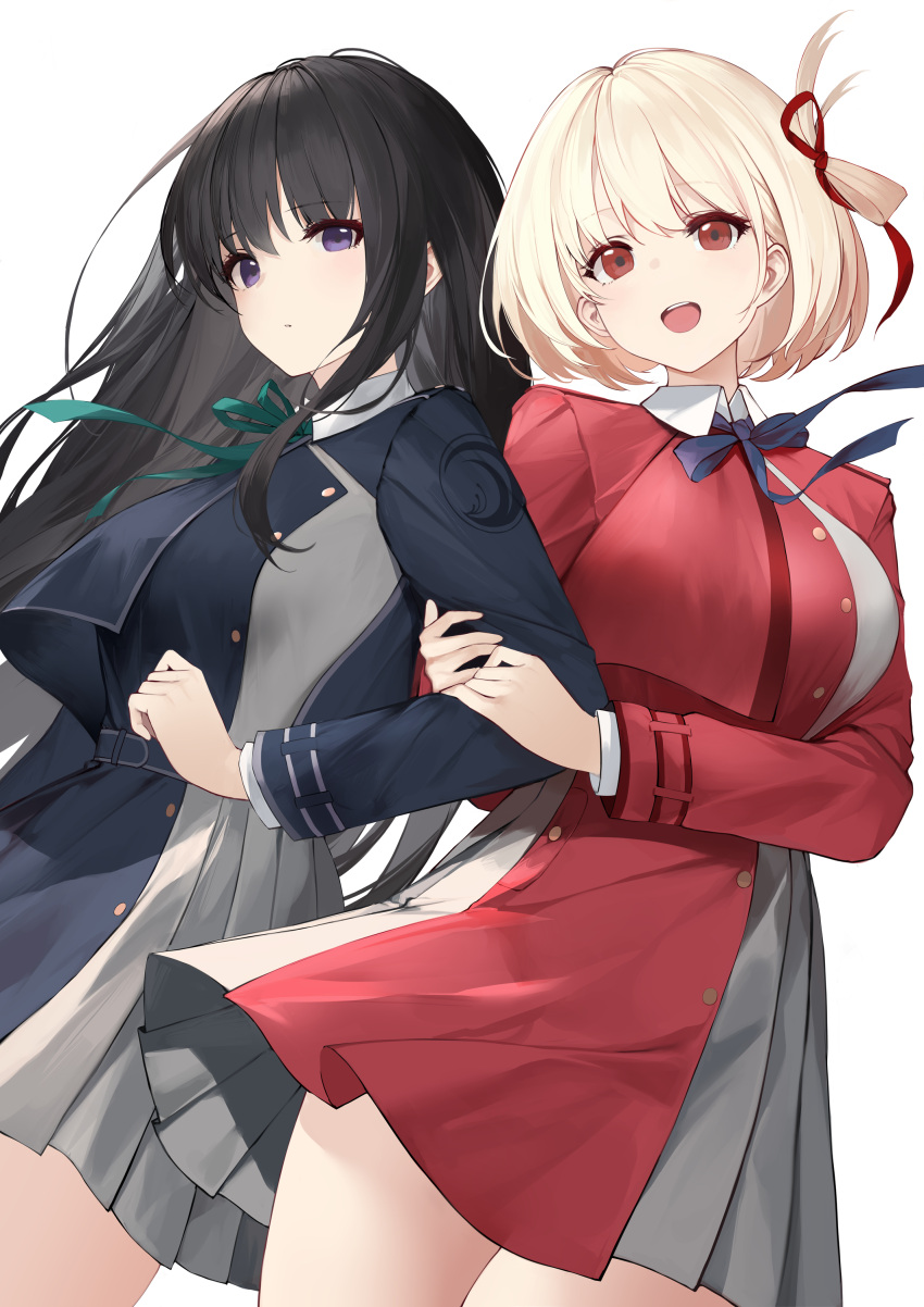 2girls absurdres an_yasuri bangs banned_artist black_hair blonde_hair blue_eyes breasts hair_ornament hair_ribbon highres holding_another's_arm inoue_takina large_breasts long_hair long_sleeves looking_at_viewer lycoris_recoil multiple_girls nishikigi_chisato open_mouth red_eyes red_ribbon ribbon simple_background smile white_background