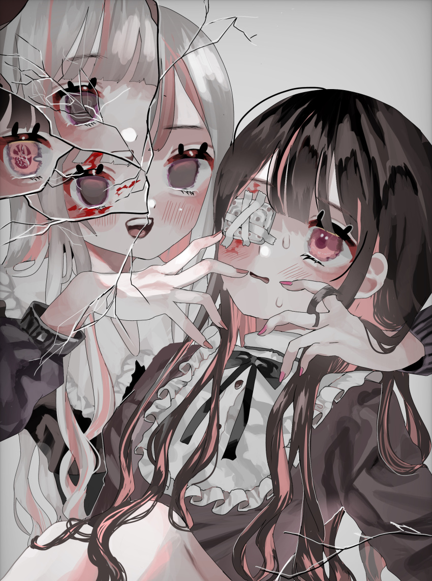 2girls :d absurdres bangs black_ribbon blood blood_on_face blunt_bangs blush broken_glass brown_hair buttons clothing_request colored_inner_hair commentary_request eyelashes eyepatch facing_viewer feet_out_of_frame gauze glass grey_background grey_eyes hanataro_(sruvhqkehy1zied) hand_in_another's_hair hands_up highres knees_up long_hair looking_at_another multicolored_hair multiple_girls one_eye_covered open_hands open_mouth original parted_lips pink_eyes pink_hair pink_nails ribbon simple_background sleeves_past_elbows smile sweat teeth tongue two-tone_hair upper_body upper_teeth white_hair
