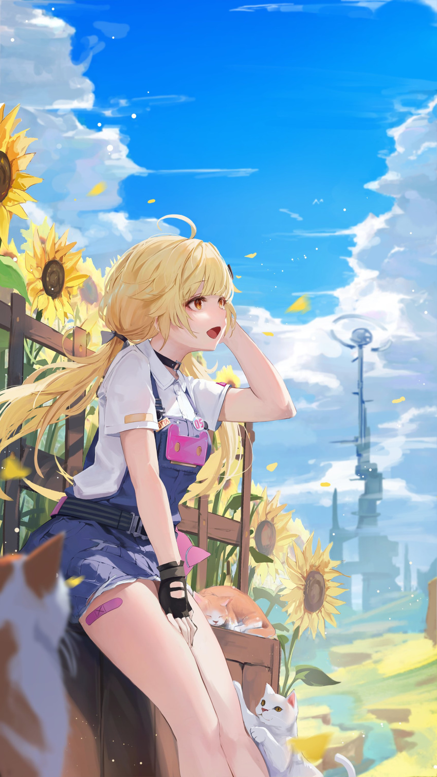 1girl absurdres ahoge arm_up bandaid black_choker black_gloves blonde_hair blue_skirt blue_sky choker clouds collared_shirt fingerless_gloves gloves highres hiki_niito long_hair looking_away low_twintails open_mouth orange_eyes outdoors overall_skirt overalls pleated_skirt shirli_(tower_of_fantasy) shirt short_sleeves skirt sky solo thighs tower tower_of_fantasy twintails white_shirt