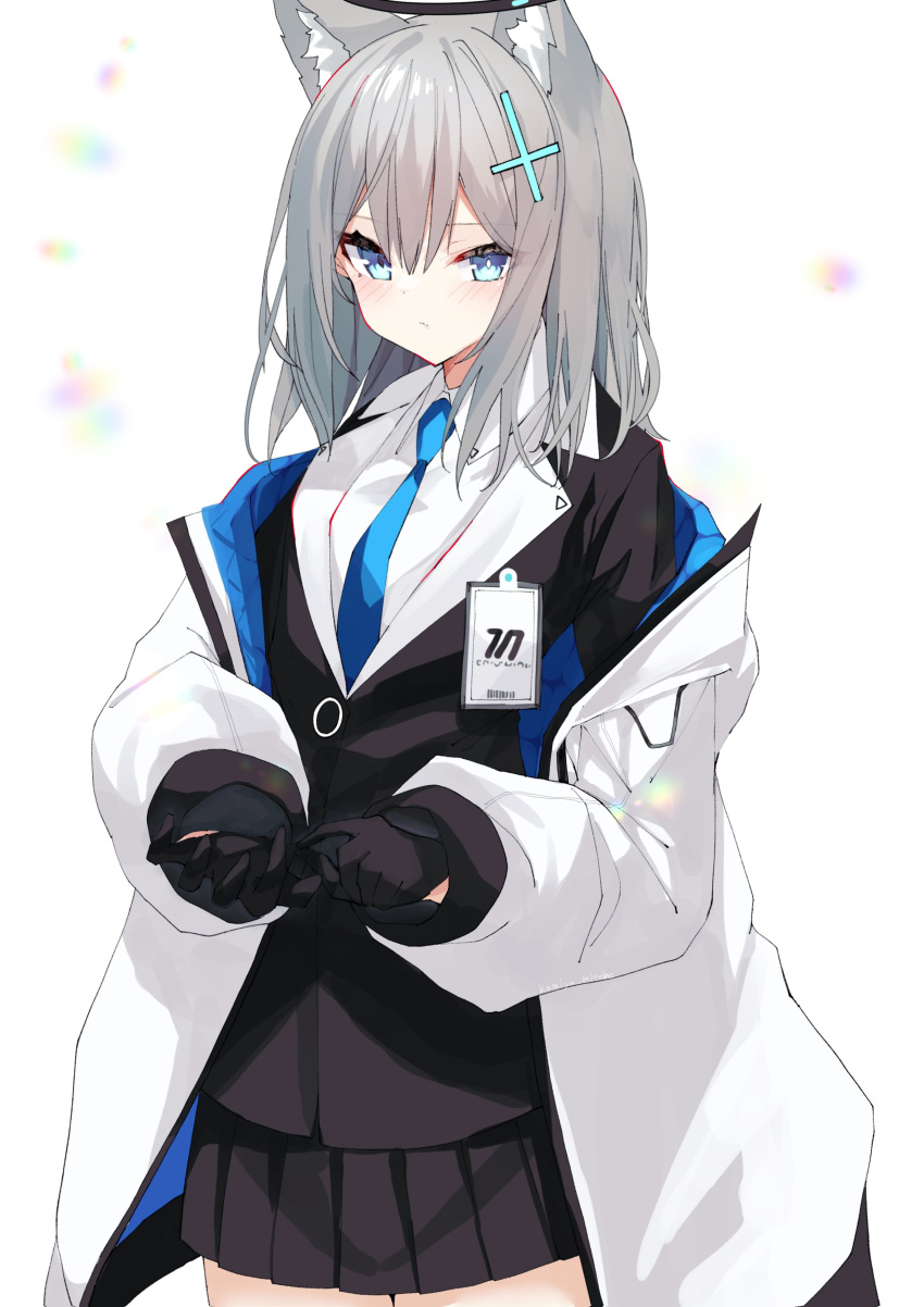 1girl absurdres animal_ear_fluff animal_ears bangs blue_archive blue_eyes blue_necktie collared_shirt cross_hair_ornament extra_ears formal grey_hair hair_ornament halo highres id_card jacket kamiya_mitobe looking_at_viewer medium_hair miniskirt mismatched_pupils multicolored_clothes multicolored_jacket necktie off_shoulder open_clothes open_jacket pleated_skirt shiroko_(blue_archive) shirt skirt solo suit two-tone_jacket white_jacket white_shirt wolf_ears yuuka_(blue_archive)