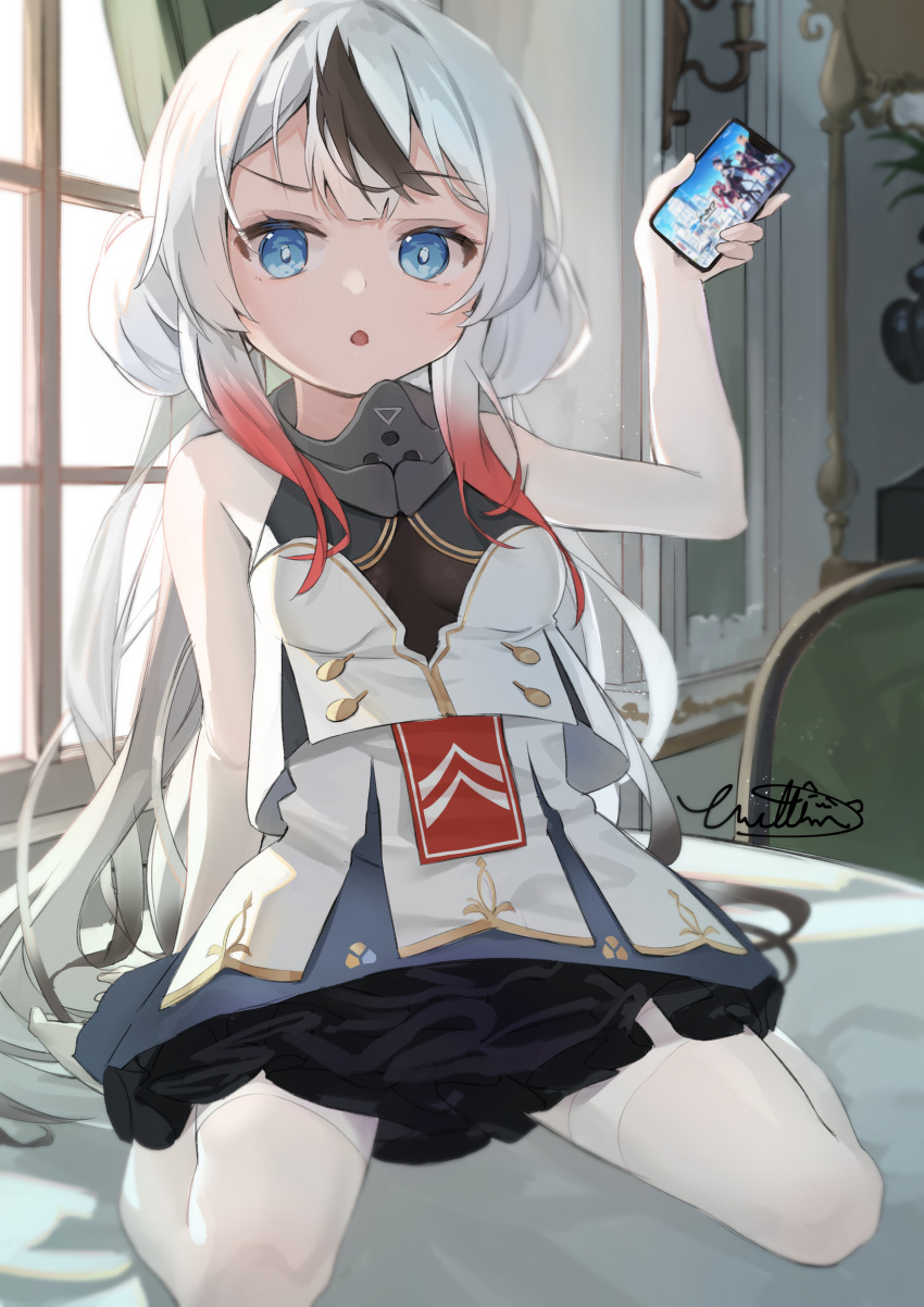 1girl :o absurdres arm_support artist_name azur_lane bare_arms bare_shoulders blue_archive blue_eyes breasts cellphone gradient_hair highres holding holding_phone indoors l'indomptable_(azur_lane) looking_at_viewer mixed-language_commentary multicolored_hair on_bed open_mouth pantyhose phone redhead signature sitting small_breasts smartphone solo thighband_pantyhose v-shaped_eyebrows wariza white_hair white_pantyhose wittmann_(ehvr8373)