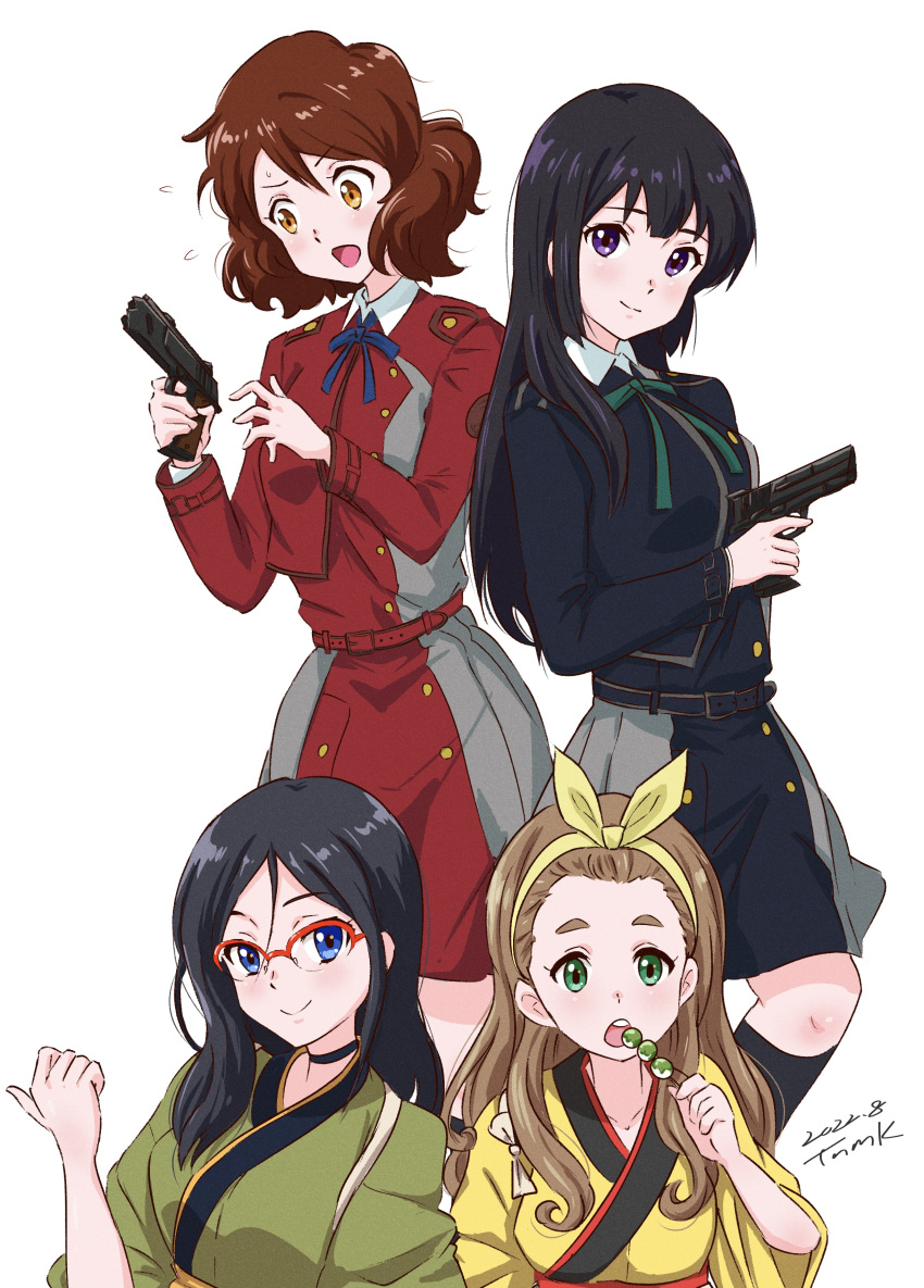 4girls absurdres alternate_costume bangs black_hair blonde_hair blue_eyes blue_shirt blue_skirt blush brown_eyes brown_hair closed_mouth cosplay dango dated eating food glasses green_eyes green_kimono gun hair_ribbon hand_up handgun hibike!_euphonium highres holding holding_gun holding_weapon japanese_clothes kimono kousaka_reina kurumi_(lycoris_recoil) kurumi_(lycoris_recoil)_(cosplay) long_hair long_sleeves looking_at_viewer lycoris_recoil lycoris_uniform multiple_girls nakahara_mizuki nakahara_mizuki_(cosplay) open_mouth oumae_kumiko over-rim_eyewear red-framed_eyewear red_shirt red_skirt ribbon semi-rimless_eyewear shirt short_hair signature skirt smile surprised tanaka_asuka tsunemoku two-tone_dress violet_eyes wagashi weapon yellow_kimono yellow_ribbon yoshikawa_yuuko