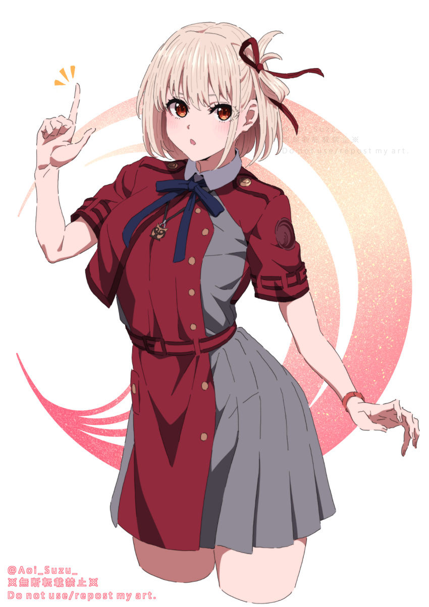 1girl :o aoi_suzu belt blonde_hair blue_ribbon bob_cut breasts cropped_legs dress finger_gun grey_dress hair_ribbon hand_up highres jewelry lycoris_recoil neck_ribbon nishikigi_chisato parted_lips pendant pleated_dress red_belt red_dress red_eyes red_ribbon ribbon short_hair solo two-tone_dress