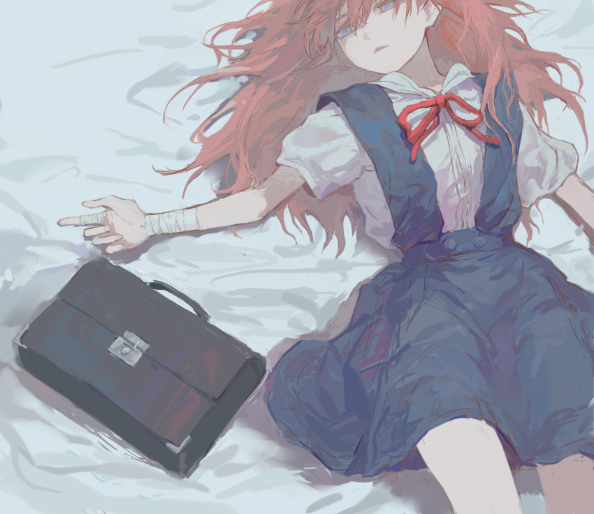 1girl absurdres bandaged_arm bandaged_fingers bandaged_wrist bandages bangs blue_eyes blue_skirt briefcase empty_eyes feet_out_of_frame from_above half-closed_eyes highres long_hair lying neck_ribbon neon_genesis_evangelion on_back orange_hair outstretched_arm parted_lips rakutasu ribbon school_uniform shirt short_sleeves sketch skirt solo souryuu_asuka_langley suspender_skirt suspenders white_background white_shirt