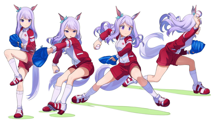 1girl animal_ears ball bangs baseball baseball_mitt breasts ear_bow floating_hair frown highres holding holding_ball horse_ears horse_girl horse_tail jacket leg_up long_hair long_sleeves mejiro_mcqueen_(umamusume) motion_blur multiple_views nishiki_kazue open_mouth pitching purple_hair red_jacket red_shorts sequential shoes shorts small_breasts sneakers socks standing standing_on_one_leg tail throwing track_jacket umamusume violet_eyes white_background white_socks