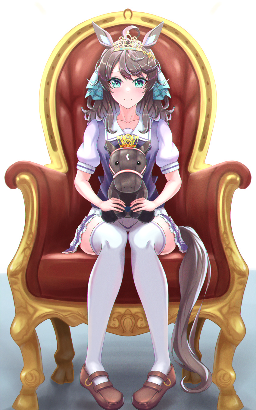 absurdres ahoge animal_ears black_hair blue_eyes chair crown daring_tact_(racehorse) daring_tact_(umamusume) full_body highres horse horse_ears horse_girl horse_tail school_uniform sickly7 simple_background sitting smile stuffed_horse tail thigh-highs tracen_school_uniform umamusume white_background