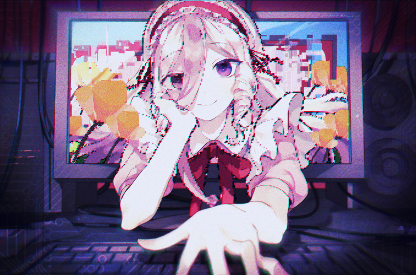 1girl apron character_request closed_mouth commentary_request copyright_request drill_locks flower frills hand_on_own_cheek hand_on_own_face head_rest headband highres keyboard_(computer) looking_at_viewer monitor pink_hair pink_shirt pixelated ribbon ruoruomi shirt smile solo speaker through_screen violet_eyes virtual_youtuber white_apron yellow_flower
