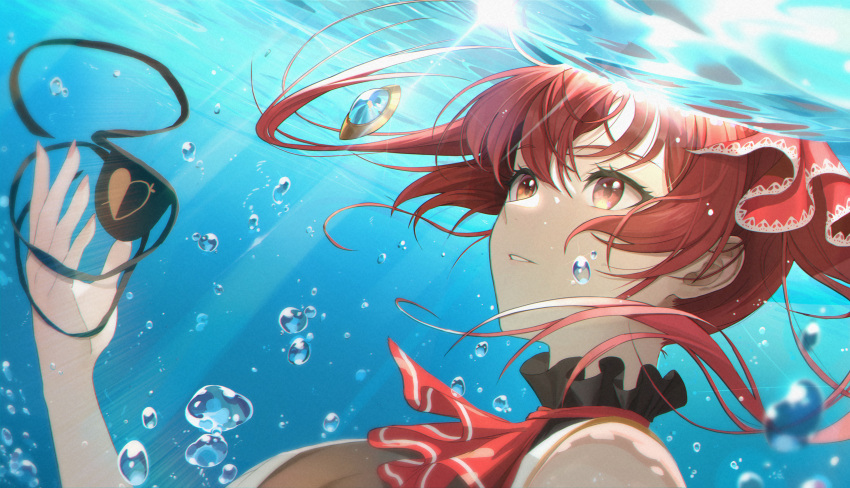 1girl absurdres bangs blush breasts commentary eyepatch hair_ribbon hat heterochromia highres hololive houshou_marine large_breasts long_hair looking_at_viewer moon_(yfsp7823) open_mouth pirate red_eyes redhead revision ribbon solo twintails underwater virtual_youtuber yellow_eyes