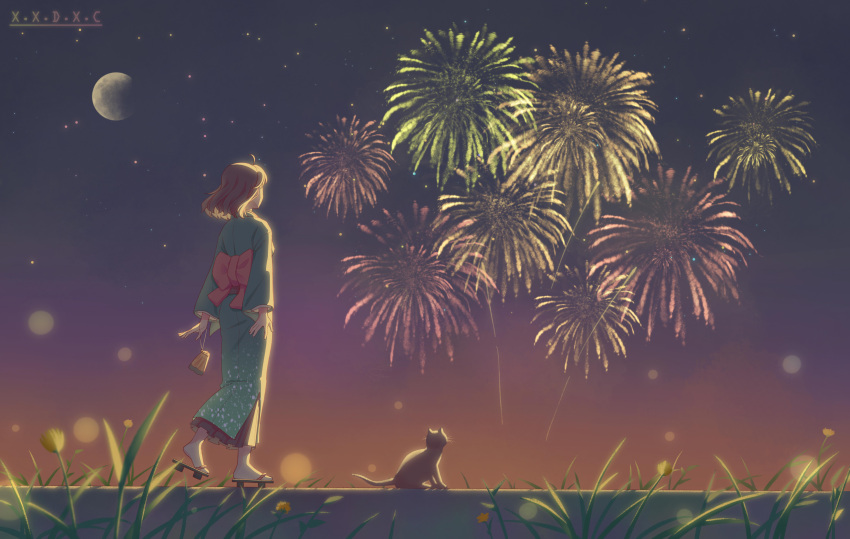 1girl 809218622 absurdres ahoge black_cat brown_hair cat commentary_request evening fireworks from_behind green_kimono highres japanese_clothes kimono long_sleeves moon original outdoors sandals short_hair solo wide_shot wide_sleeves yukata