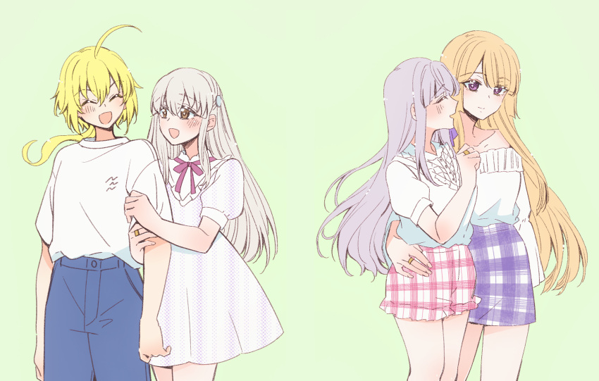 4girls :d ^_^ ahoge amano_soraha arm_around_waist arm_at_side arm_hug arms_at_sides assault_lily bangs bare_shoulders blonde_hair blue_pants bright_pupils brown_eyes buttons closed_eyes closed_mouth collarbone cowboy_shot dress egawa_kusumi frilled_shirt frills green_background grey_hair hair_between_eyes hair_ornament hair_ribbon hand_on_another's_hip hand_up hands_up high-waist_shorts highres jewelry kon_kanaho long_hair long_sleeves looking_at_another looking_to_the_side low_ponytail miyagawa_takane multiple_girls neck_ribbon off-shoulder_shirt off_shoulder orange_hair pants parted_lips pink_ribbon pink_shorts plaid plaid_shorts pocket ponytail profile puffy_short_sleeves puffy_sleeves purple_ribbon purple_shorts ribbon ring shirt shirt_tucked_in short_shorts short_sleeves shorts side-by-side sidelocks simple_background smile sorato_(astllatte) very_long_hair violet_eyes white_dress white_pupils white_shirt wide_sleeves yuri