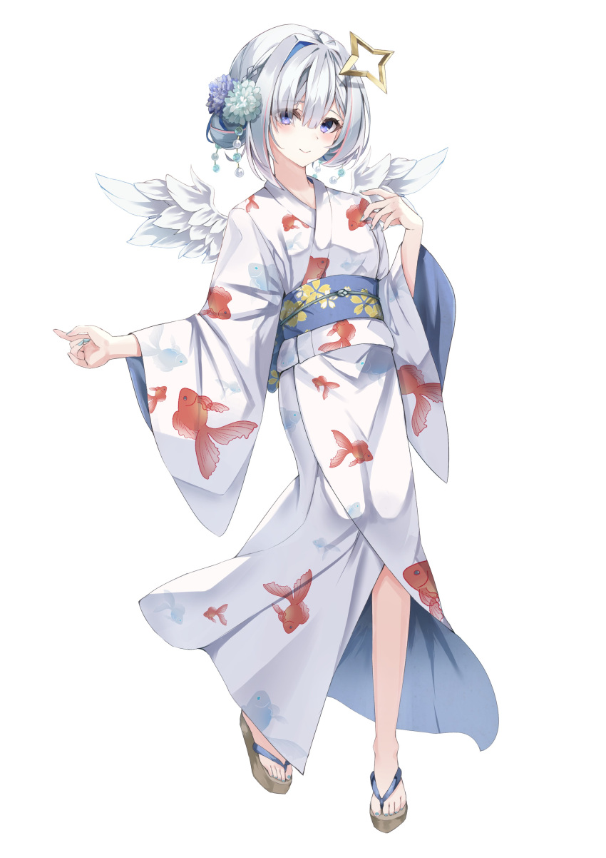 1girl absurdres alternate_costume alternate_hairstyle amane_kanata angel_wings animal_print arm_at_side blue_hair blush closed_mouth colored_inner_hair feathered_wings fish_print flower grey_hair hair_bun hair_flower hair_ornament halo highres hololive japanese_clothes kanzashi kimono koi looking_at_viewer mini_wings multicolored_hair obi pink_hair print_kimono sandals sash short_hair simple_background single_hair_bun single_hair_intake single_side_bun smile solo star_halo streaked_hair tika_tika4101 violet_eyes virtual_youtuber white_background white_kimono white_wings wings yukata zouri