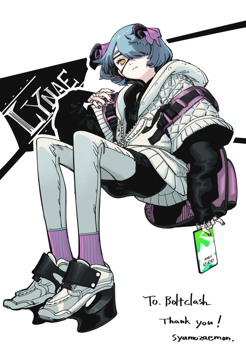1girl absurdres backpack bag black_nails blue_hair cellphone character_name closed_mouth commission eyelashes eyepatch fingernails gem glint grey_background grey_footwear hair_ornament hair_over_one_eye hatching_(texture) high_heels highres holding holding_phone jacket jewelry long_eyelashes looking_at_viewer original padded_jacket phone pinky_ring purple_bag purple_socks ring shoes short_hair sitting skeb_commission sleeves_past_wrists smile sneakers socks solo thank_you thumb_ring white_gemstone white_jacket yellow_eyes zipper ztoriataming