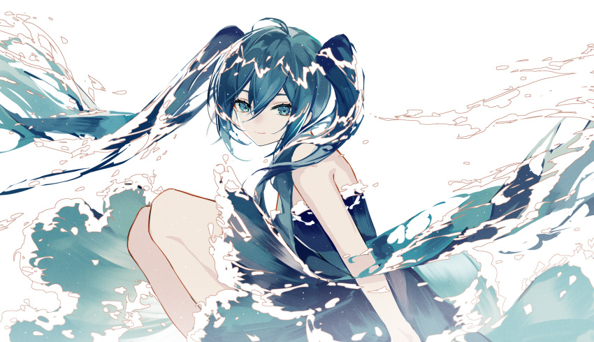 1girl absurdres ahoge alternate_color arms_at_sides backlighting bangs bare_shoulders blue_dress blue_eyes blue_hair closed_mouth dress feet_out_of_frame hatsune_miku highres kazenemuri knees_up light long_hair looking_at_viewer sleeveless sleeveless_dress smile twintails very_long_hair vocaloid waves white_background