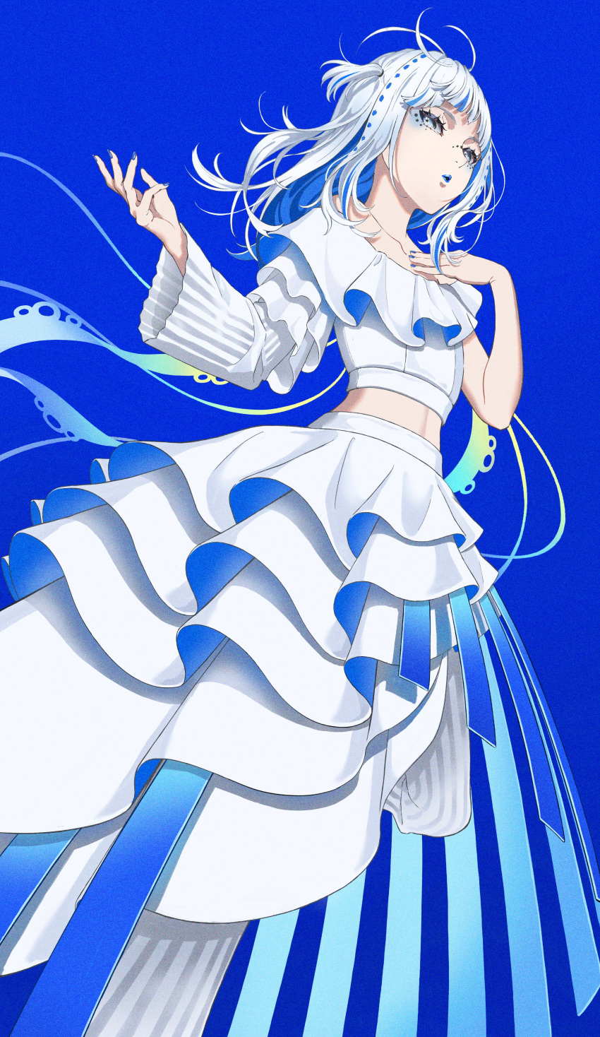 1girl absurdres blue_background blue_hair blue_lips blue_nails colored_inner_hair crop_top eyeshadow frilled_skirt frills gawr_gura high-waist_skirt highres hololive hololive_english lipstick makeup midriff multicolored_hair otomi_yuki skirt solo streaked_hair two-tone_hair two_side_up virtual_youtuber white_hair