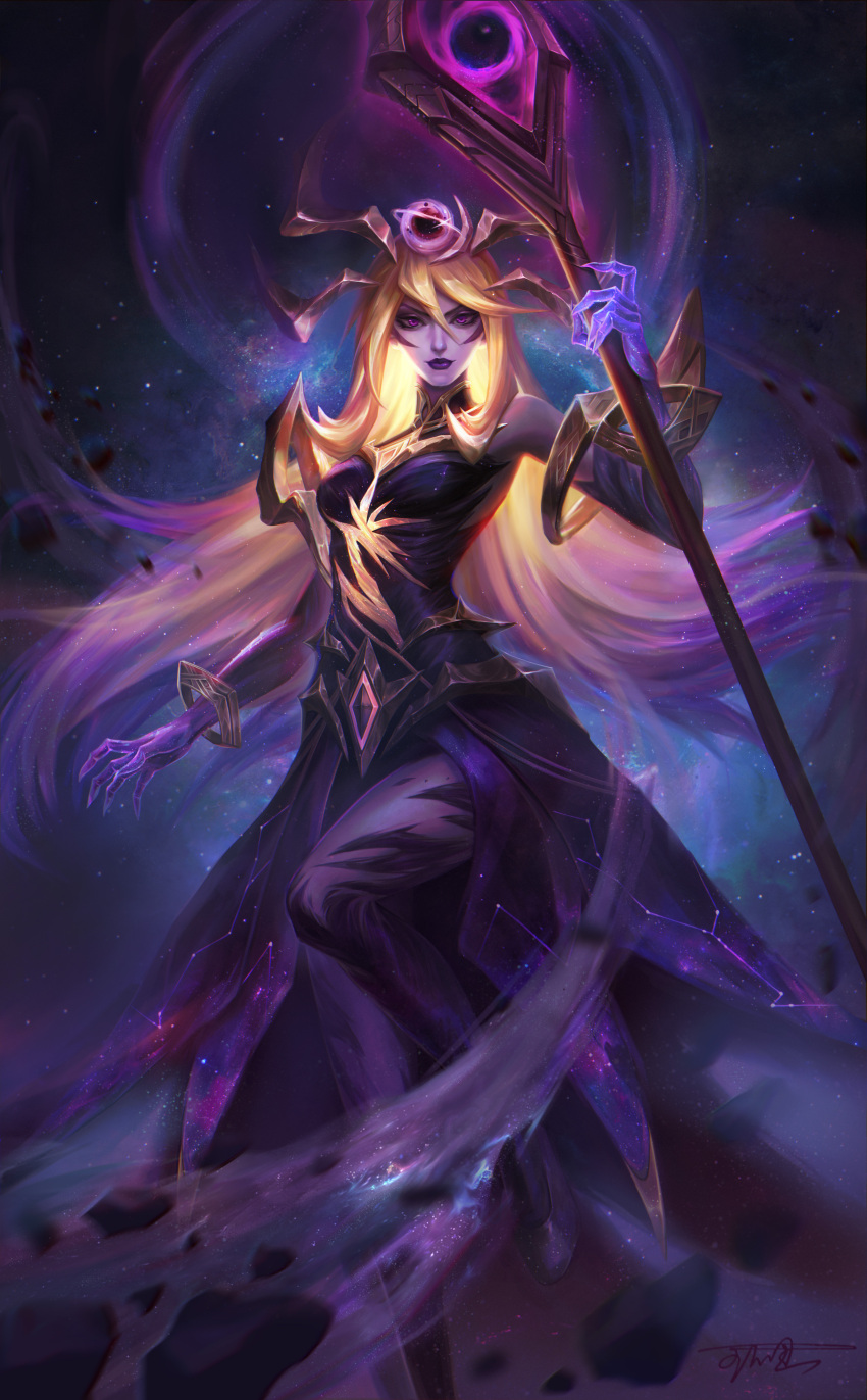 1girl absurdres bangs bare_shoulders blonde_hair colored_skin dark_cosmic_lux detached_sleeves dress glowing hair_ornament highres holding holding_staff league_of_legends long_hair looking_at_viewer lux_(league_of_legends) magic official_alternate_costume purple_dress purple_skin shiny shiny_hair shoes signature solo space staff wang_bu_chou
