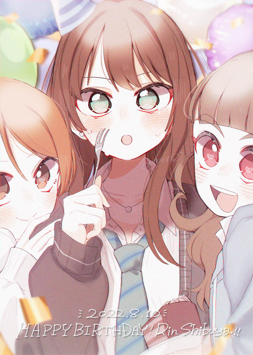 3girls :o absurdres bangs black_cardigan blunt_bangs blush brown_hair cake cake_slice cardigan character_name collarbone confetti dated food fork full-face_blush happy_birthday hat highres hojo_karen holding holding_fork idolmaster idolmaster_cinderella_girls kamiya_nao leaning_on_person looking_at_viewer loose_necktie multiple_girls necktie party_hat school_uniform shibuya_rin smile solo_focus suzugaeru sweat triad_primus_(idolmaster) upper_body