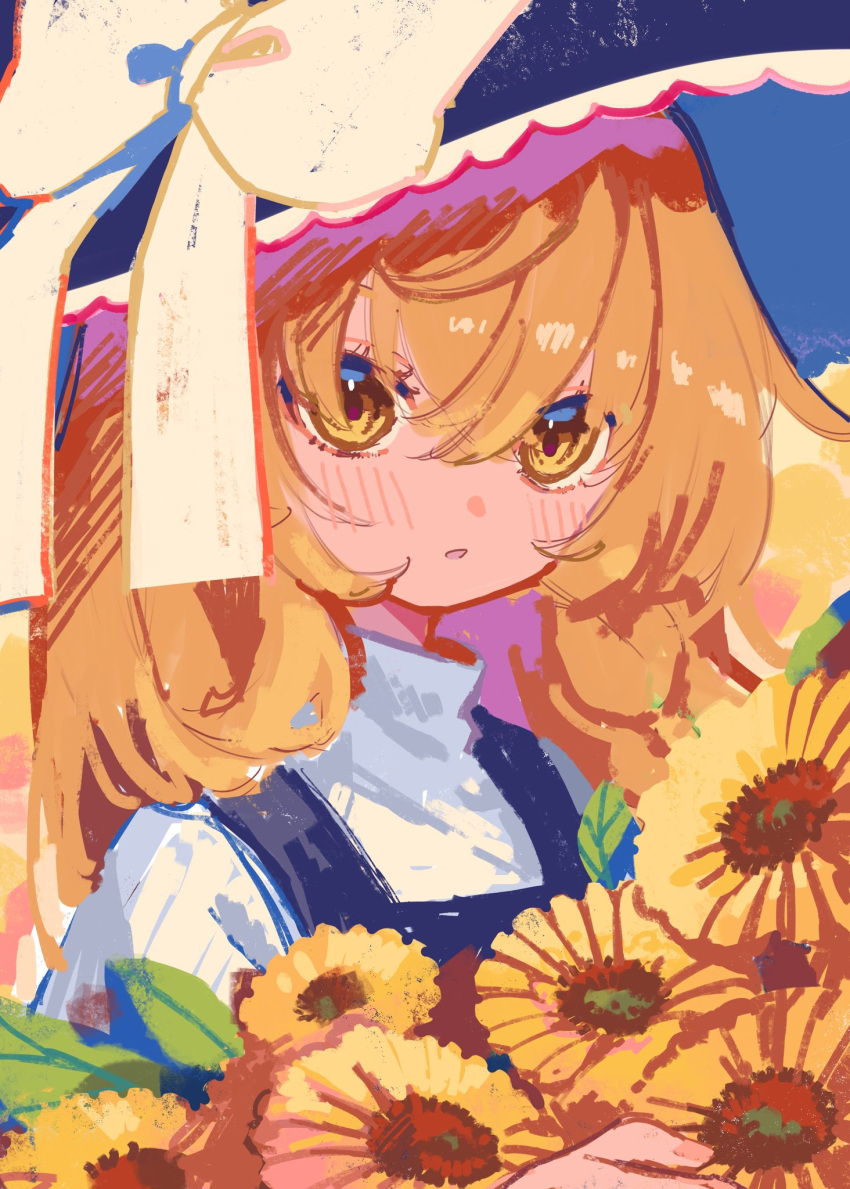 1girl bangs black_dress black_headwear blonde_hair blush bouquet bow brown_eyes dress e_sdss flower hat hat_bow highres holding holding_bouquet kirisame_marisa looking_at_viewer parted_lips portrait solo sunflower touhou white_bow witch_hat