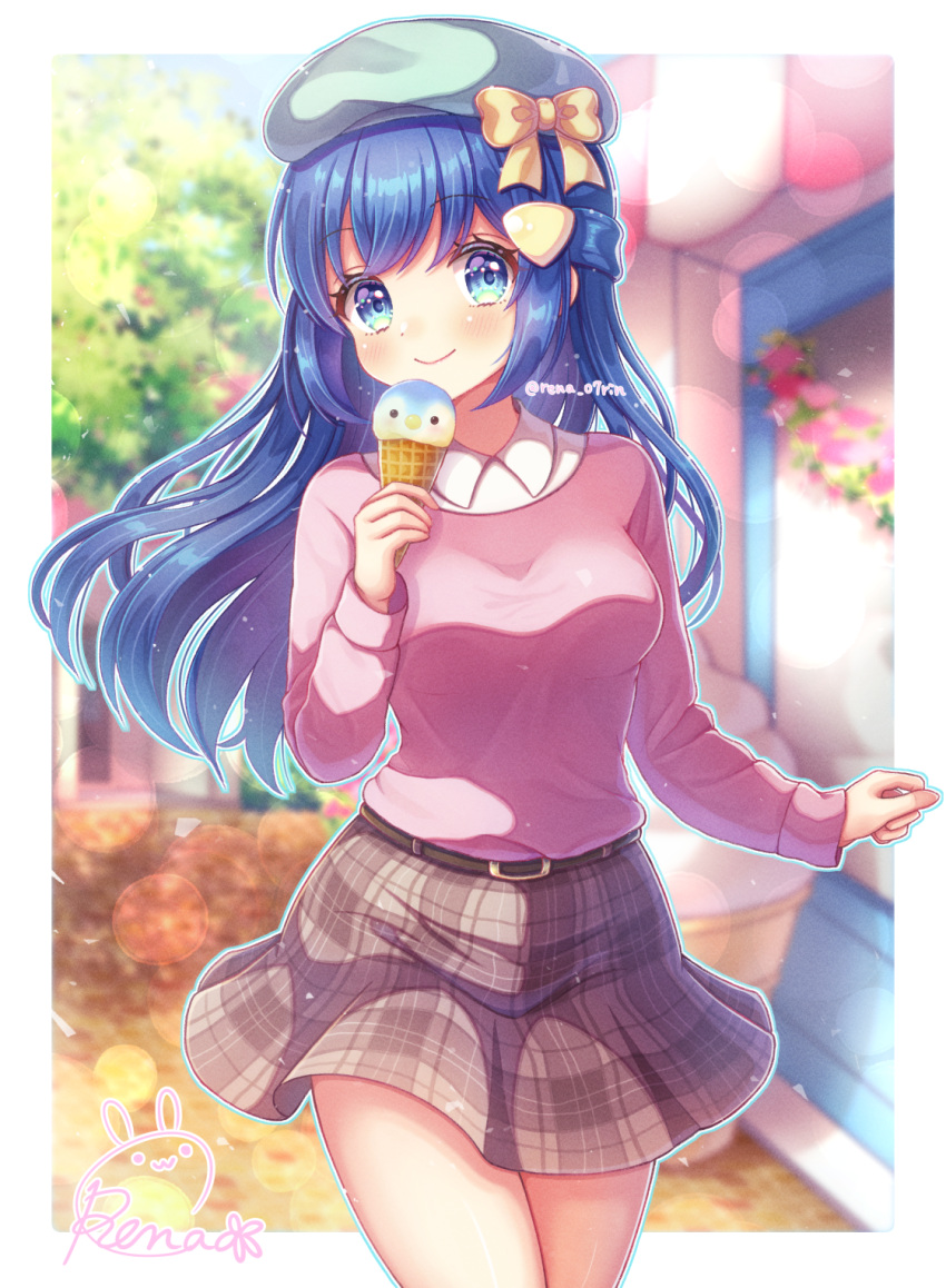 1girl bangs belt beret blue_eyes blue_hair blush border bow breasts brown_belt brown_skirt closed_mouth collared_shirt commentary_request eyelashes food green_headwear hair_ornament hairclip hand_up hat hat_bow highres hikari_(pokemon) holding ice_cream ice_cream_cone long_hair looking_at_viewer outside_border pink_sweater piplup pokemon pokemon_(game) pokemon_bdsp shirobyu_y shirt skirt smile sweater white_border white_shirt yellow_bow