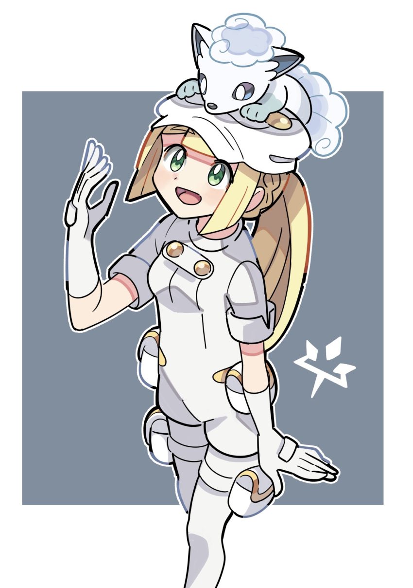 1girl :d aether_foundation_uniform alolan_vulpix alternate_costume blonde_hair border commentary_request gloves green_eyes grey_background hand_up hat highres lillie_(pokemon) logo long_hair on_head open_mouth outline overalls pantyhose pokemon pokemon_(anime) pokemon_(creature) pokemon_on_head pokemon_sm_(anime) ponytail smile sutokame tongue white_border white_gloves white_headwear white_overalls white_pantyhose
