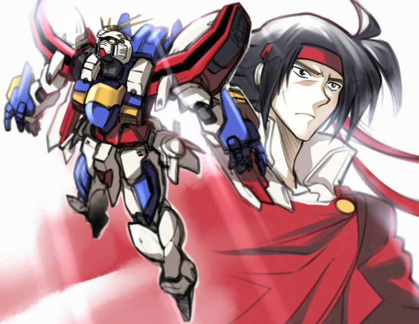 1boy absurdres black_eyes black_hair brown_jacket cloak domon_kasshu flying g_gundam god_gundam green_eyes gundam haganef headband highres jacket looking_up male_focus mecha open_hands red_cloak red_headband robot scar scar_on_cheek scar_on_face science_fiction v-fin white_background yoshifumi_ushida