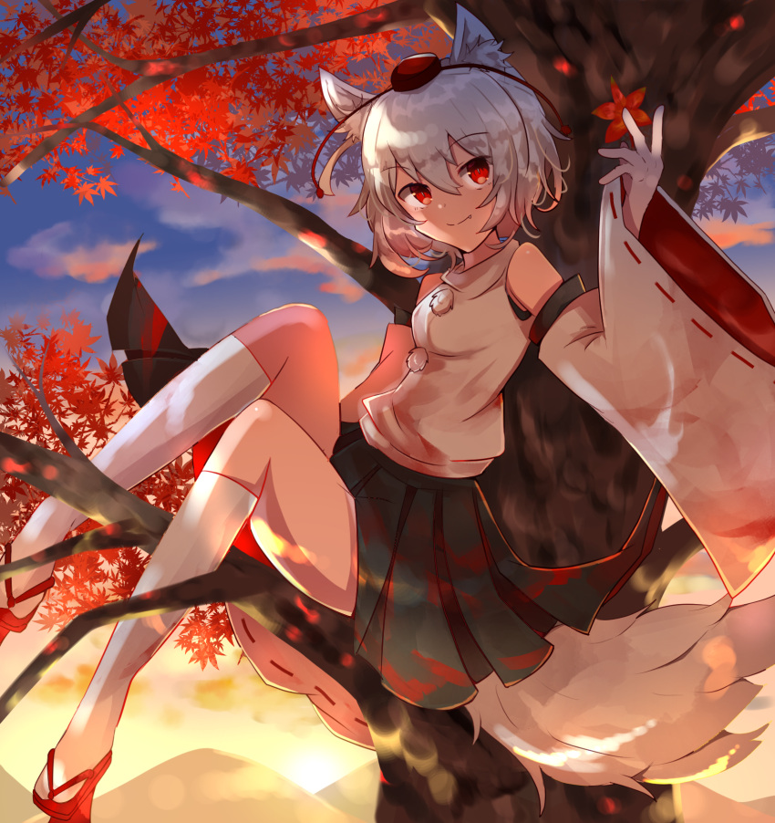 1girl animal_ears bangs bare_shoulders black_skirt closed_mouth clouds cloudy_sky detached_sleeves flip-flops full_body highres in_tree inubashiri_momiji leaf lll_iv_v maple_leaf pom_pom_(clothes) red_eyes sandals shirt short_hair sitting sitting_in_tree skirt sky smile socks solo sun sunset tail touhou tree white_hair white_shirt white_sleeves white_socks wolf_ears wolf_girl wolf_tail