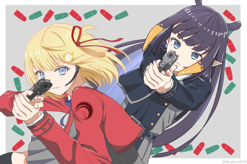 2girls bangs blonde_hair blue_eyes cosplay gun hair_ornament hair_ribbon handgun highres hololive hololive_english inoue_takina inoue_takina_(cosplay) long_hair lycoris_recoil lycoris_uniform medium_hair monocle_hair_ornament multiple_girls ninomae_ina'nis nishikigi_chisato nishikigi_chisato_(cosplay) pointy_ears purple_hair red_ribbon reylan520 ribbon tentacle_hair twitter_username upper_body virtual_youtuber watson_amelia weapon