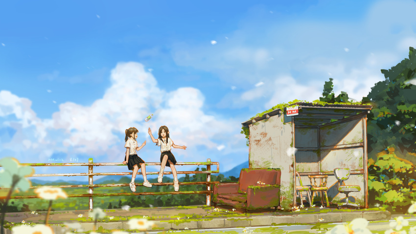 2girls absurdres black_hair black_skirt blue_sky bottle bus_stop chair chinese_commentary clouds commentary_request couch day highres hua_ming_wink long_hair multiple_girls original outdoors pointy_ears ponytail railing rust scenery school_uniform shirt sitting skirt sky water_bottle white_shirt