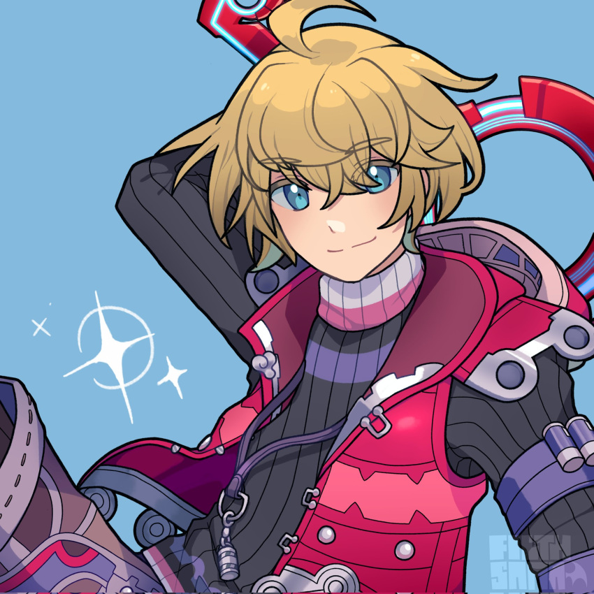 1boy armor artist_request blonde_hair blue_eyes highres holding looking_at_viewer male_focus monado short_hair shulk_(xenoblade) simple_background smile solo sword vest weapon xenoblade_chronicles_(series) xenoblade_chronicles_1