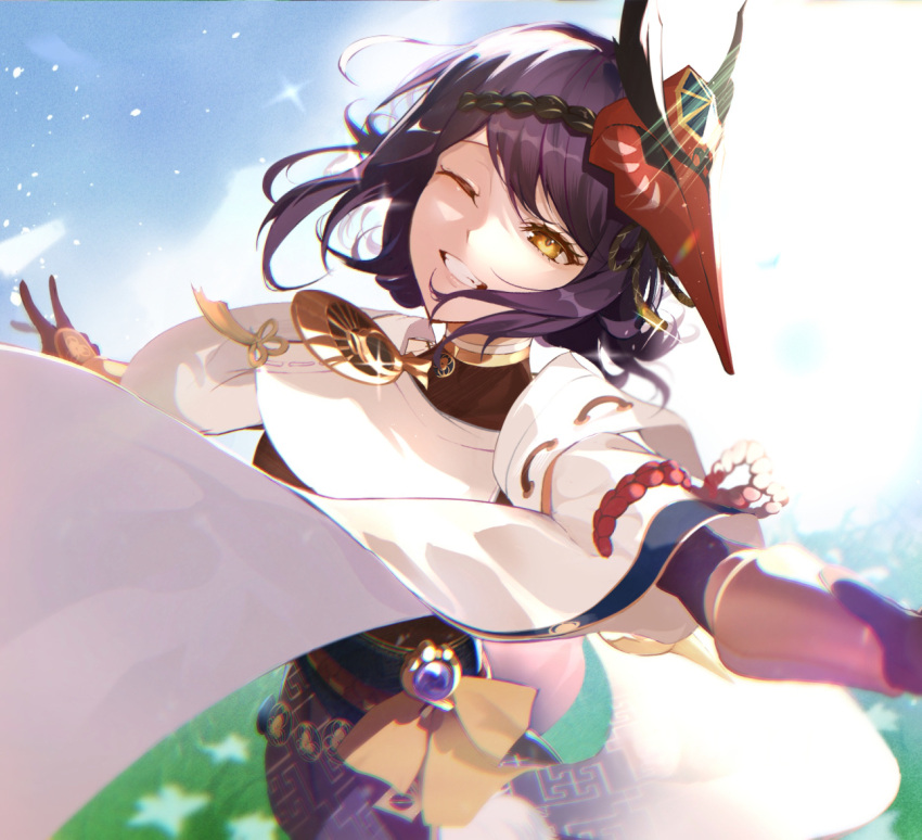 1girl ;d bangs bird_mask black_gloves blue_sky breast_curtain clouds commentary flower from_above genshin_impact glint gloves grass grin happy kujou_sara looking_at_viewer looking_up mask mask_on_head okura_shito one_eye_closed outdoors outstretched_arms purple_hair short_hair sky smile solo sparkle spread_arms swept_bangs tassel turtleneck upper_body vambraces white_flower wide_sleeves yellow_eyes