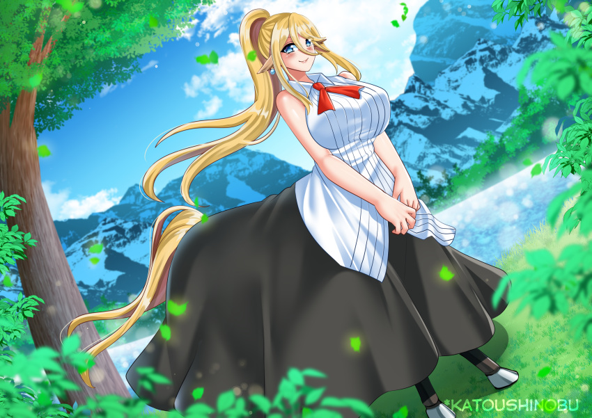 1girl animal_ears artist_name bangs bare_shoulders black_skirt blonde_hair blue_eyes blue_sky blush breasts centaur centorea_shianus closed_mouth clouds collared_shirt commentary day dutch_angle earrings floating_hair flower full_body grass hair_between_eyes highres horse_ears horse_tail huge_breasts jewelry katou_shinobu lake long_hair long_skirt looking_at_viewer monster_girl monster_musume_no_iru_nichijou mountain multiple_legs neck_ribbon outdoors pointy_ears ponytail red_flower red_rose ribbon rose shadow shirt sidelocks skirt sky sleeveless sleeveless_shirt smile solo standing tail taur tree very_long_hair white_shirt