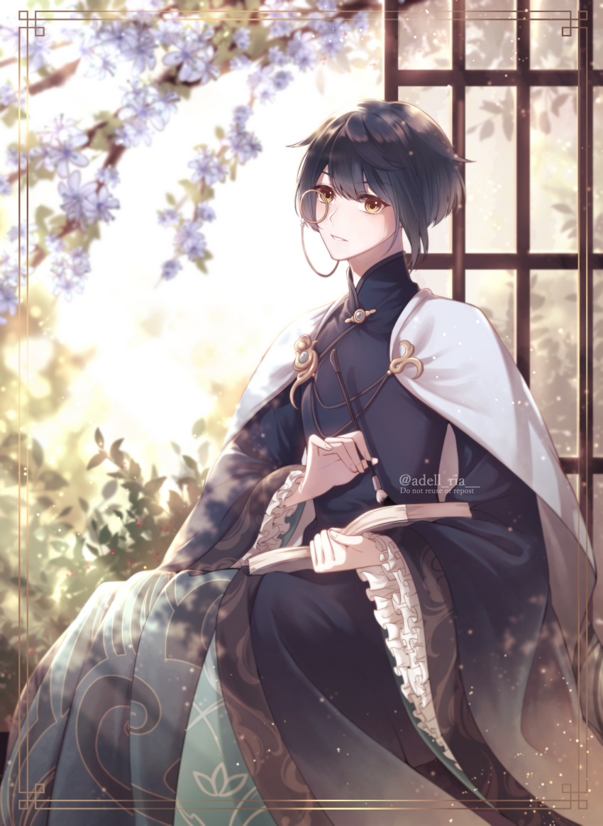 1boy absurdres aoi_no_okina_(genshin_impact) artist_name asymmetrical_hair bangs black_hair bloom blue_coat blue_flower book branch brill_p brush calligraphy_brush cape coat commentary eyelashes flower frilled_sleeves frills genshin_impact grey_cape hair_between_eyes highres holding holding_book holding_brush leaf lens_flare light_particles light_rays long_sleeves looking_at_viewer male_focus monocle open_book paintbrush parted_lips plant short_hair sidelocks sitting solo twitter_username wide_sleeves xingqiu_(genshin_impact) yellow_eyes