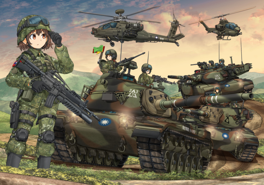 3girls 6+others adjusting_clothes adjusting_headwear ah-1_supercobra ah-64_apache aircraft assault_rifle bangs black_footwear black_gloves blue_sky body_armor boots brown_eyes brown_hair browning_m2 camouflage camouflage_headwear camouflage_jacket camouflage_pants closed_mouth clouds cloudy_sky cm-11_brave_tiger combat_boots commentary_request dusk english_commentary flag glasses gloves goggles goggles_on_headwear gradient_sky green_headwear green_jacket green_pants ground_vehicle gun handgun headphones headset helicopter helmet highres holding holding_weapon holster jacket knee_pads long_sleeves looking_back looking_to_the_side m1_abrams m240 m60_main_battle_tank machine_gun magazine_(weapon) mikeran_(mikelan) military military_uniform military_vehicle mixed-language_commentary motion_blur motor_vehicle multiple_girls multiple_others orange_sky original outdoors pants republic_of_china_army republic_of_china_flag revision rifle roundel short_hair sky standing t91_assault_rifle taiwan tank thigh_holster trigger_discipline uniform weapon